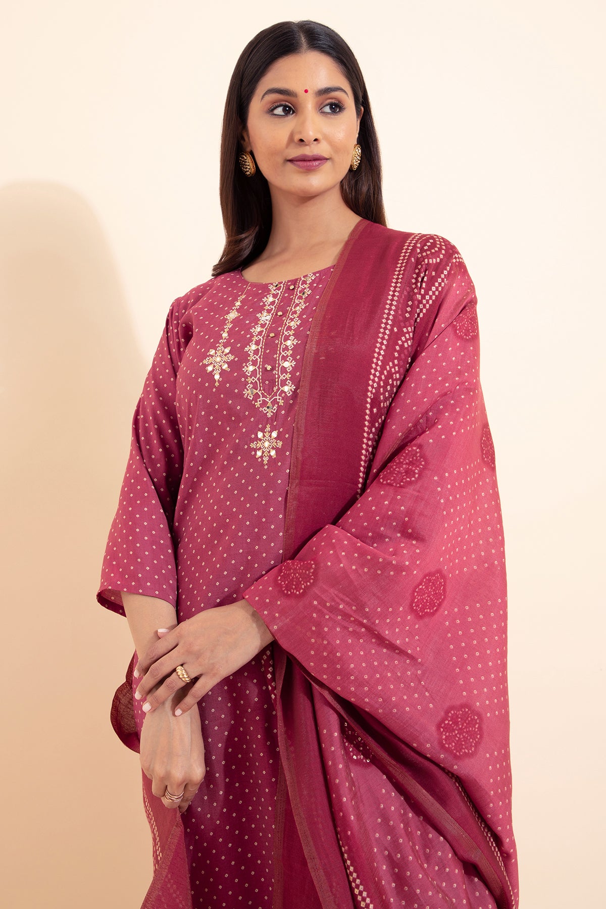 Bandhani Printed & Embroidered Kurta Set - Mauve