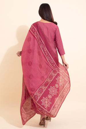 Bandhani Printed & Embroidered Kurta Set - Mauve