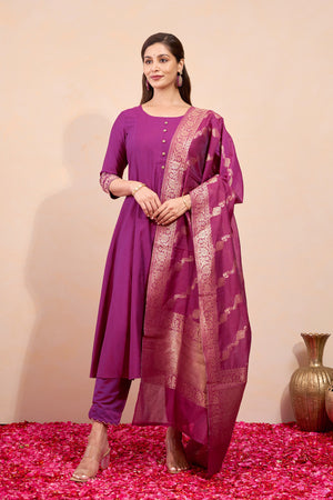 Floral Embroidered Kurtaset with Brocade Dupatta - Burgundy
