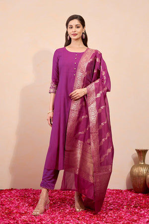 Floral Embroidered Kurtaset with Brocade Dupatta - Burgundy
