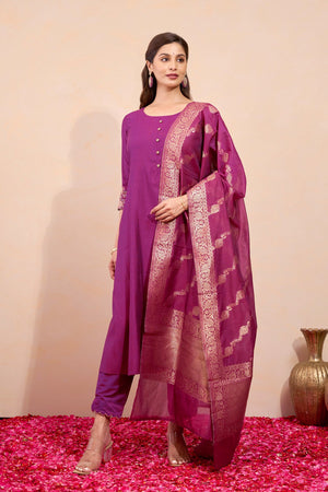 Floral Embroidered Kurtaset with Brocade Dupatta - Burgundy
