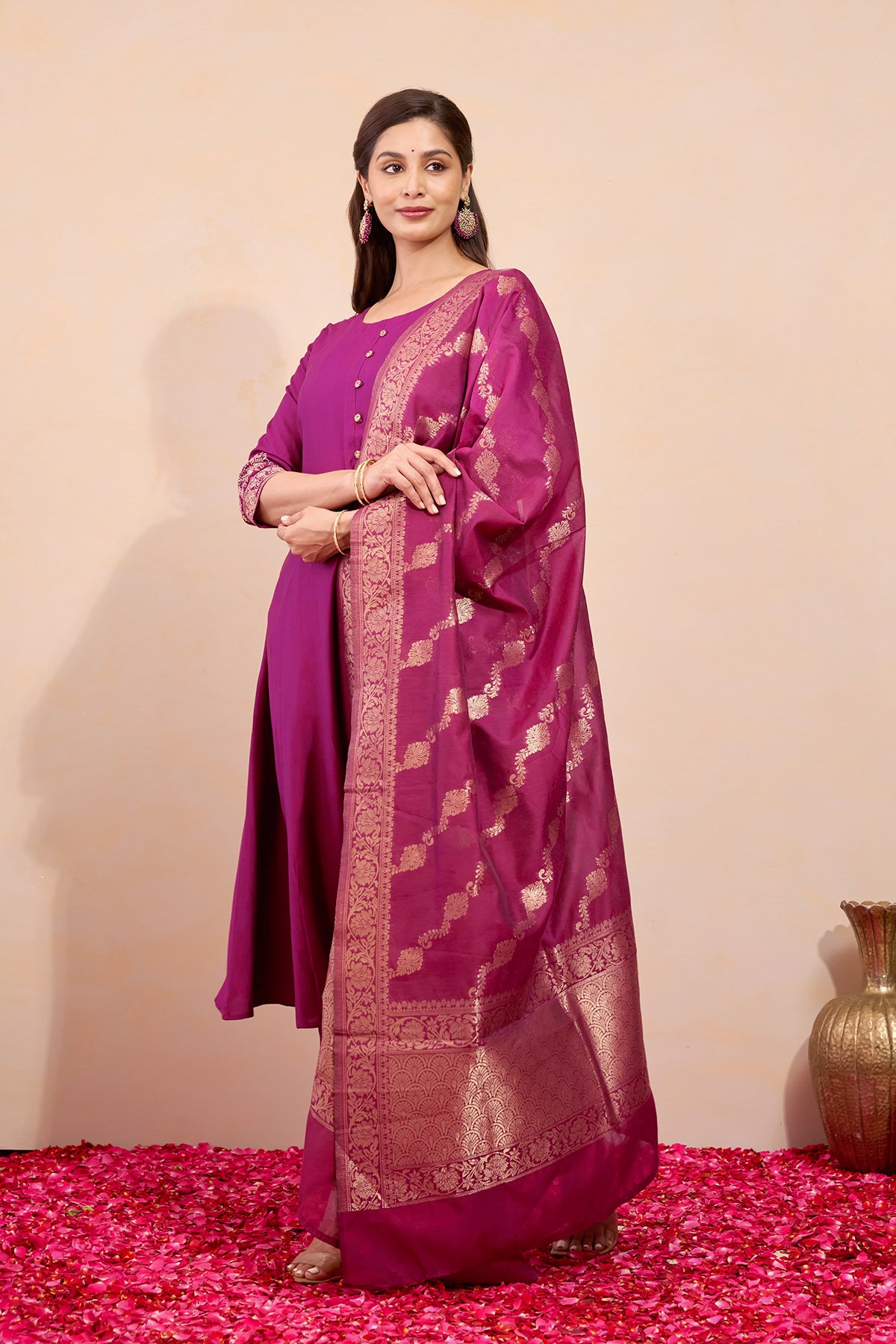 Floral Embroidered Kurtaset with Brocade Dupatta - Burgundy
