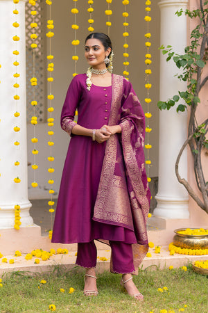 Floral Embroidered Kurtaset with Brocade Dupatta - Burgundy
