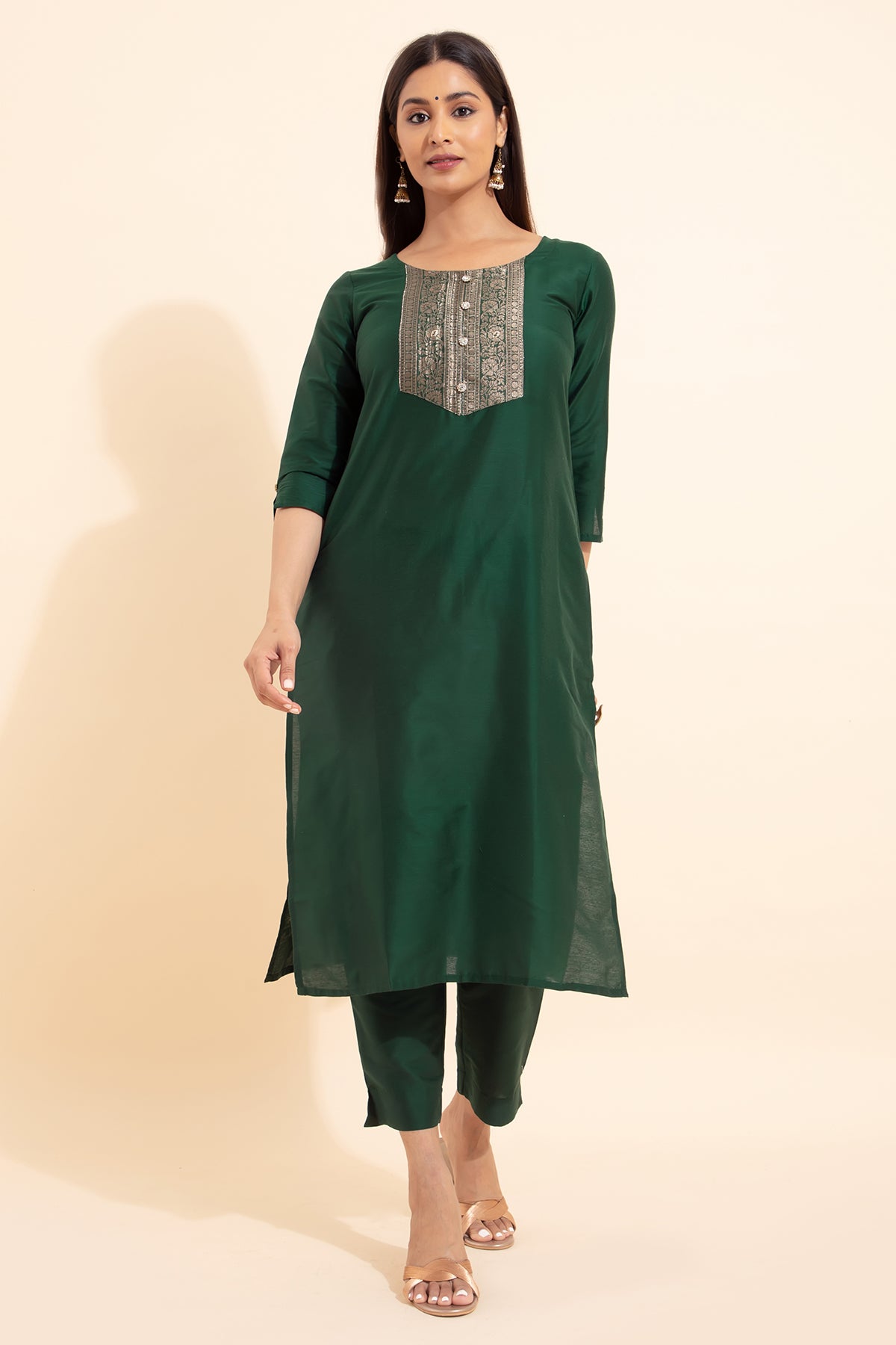 Brocade Patchwork Kurtaset with Organza Dupatta - Green