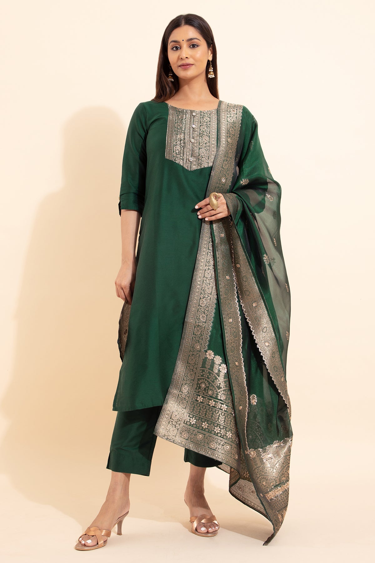 Brocade Patchwork Kurtaset with Organza Dupatta - Green