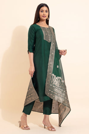 Brocade Patchwork Kurtaset with Organza Dupatta - Green