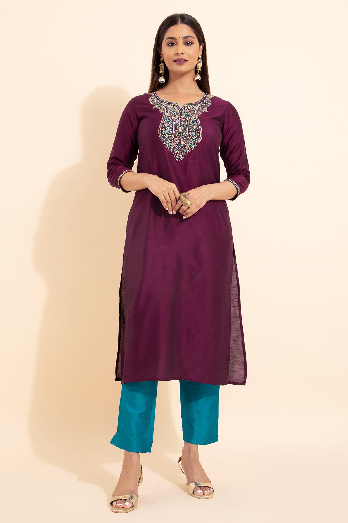 Paisley Embroidered Kurtaset with Brocade Dupatta - Burgundy & Blue