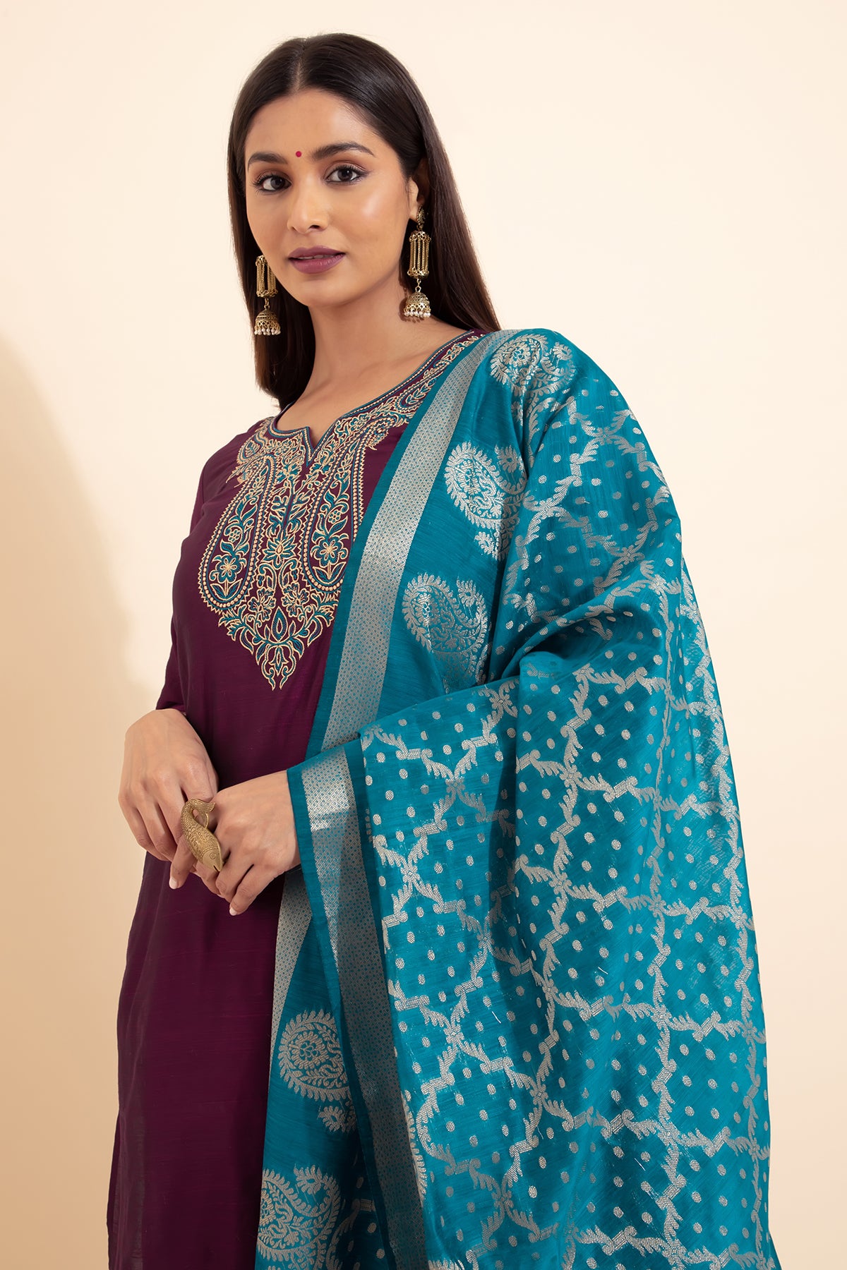 Paisley Embroidered Kurtaset with Brocade Dupatta - Burgundy & Blue