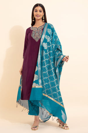 Paisley Embroidered Kurtaset with Brocade Dupatta - Burgundy & Blue