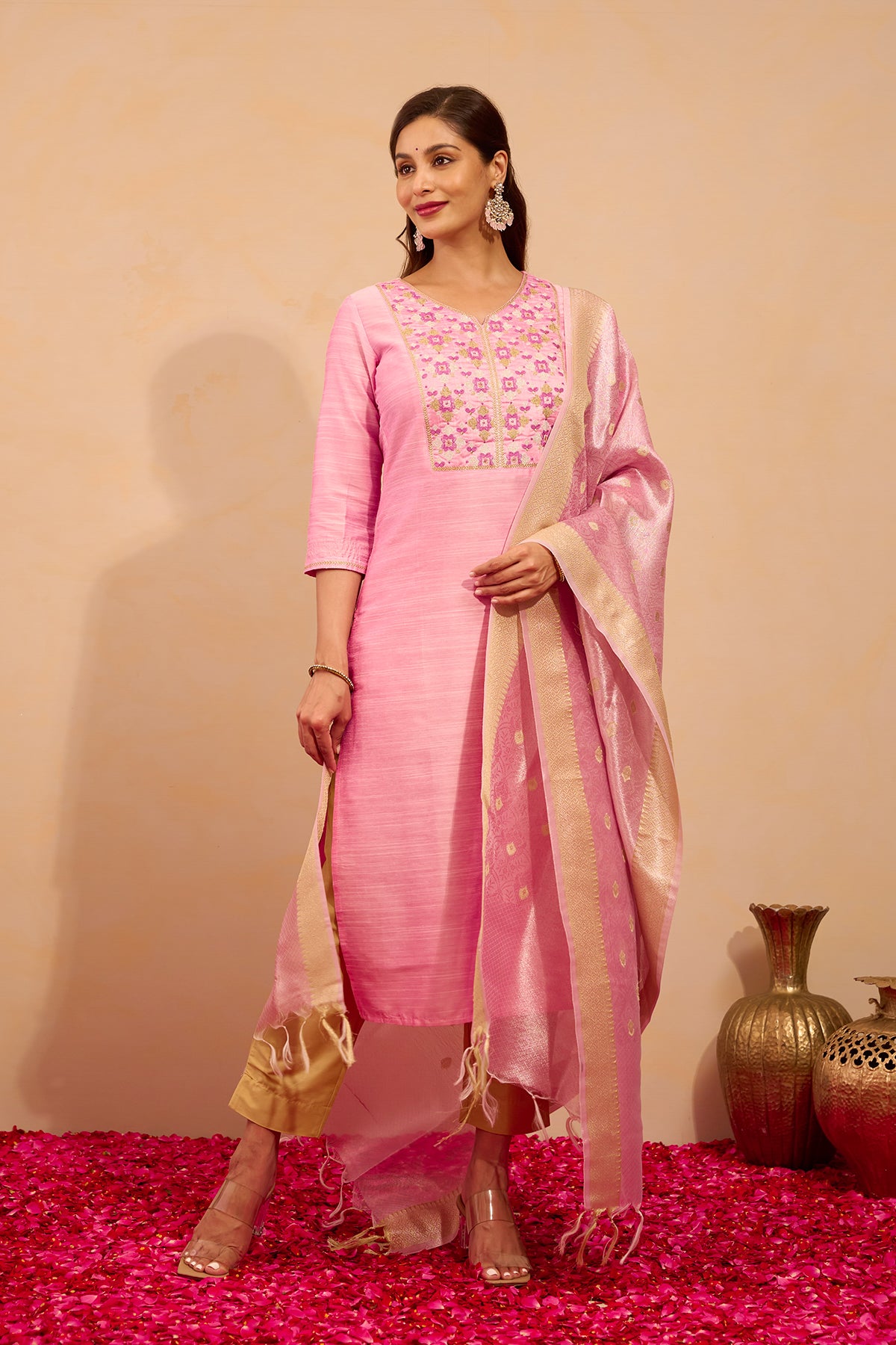 Floral Embroidered Kurtaset with Brocade Dupatta - Light Pink & Green
