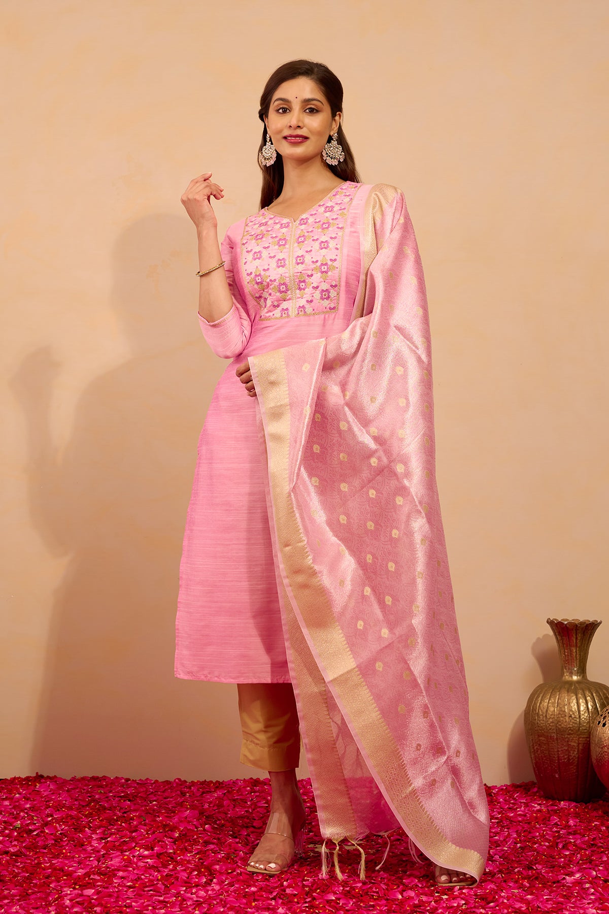 Floral Embroidered Kurtaset with Brocade Dupatta - Light Pink & Green
