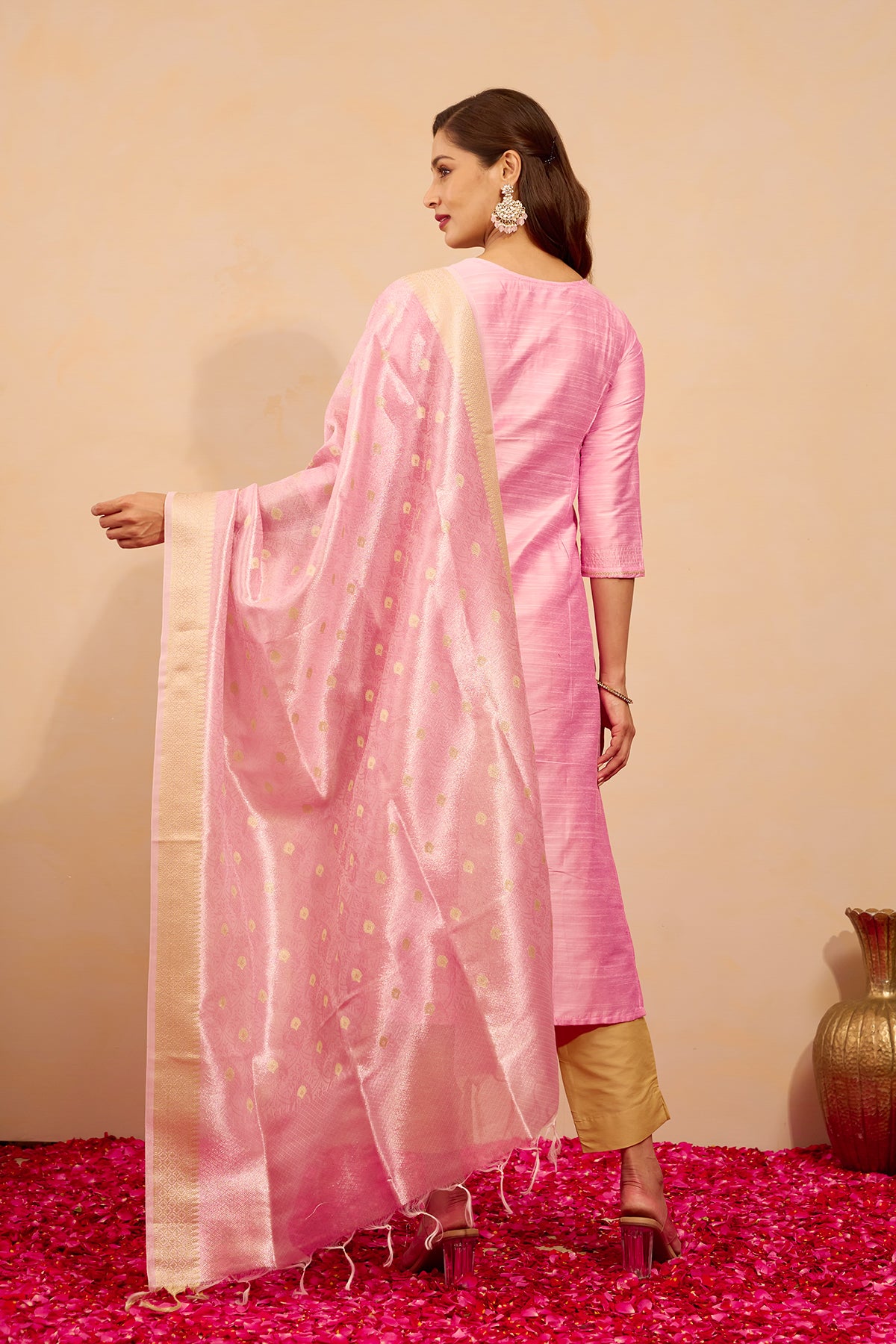 Floral Embroidered Kurtaset with Brocade Dupatta - Light Pink & Green