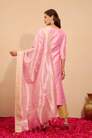 Floral Embroidered Kurtaset with Brocade Dupatta - Light Pink & Green