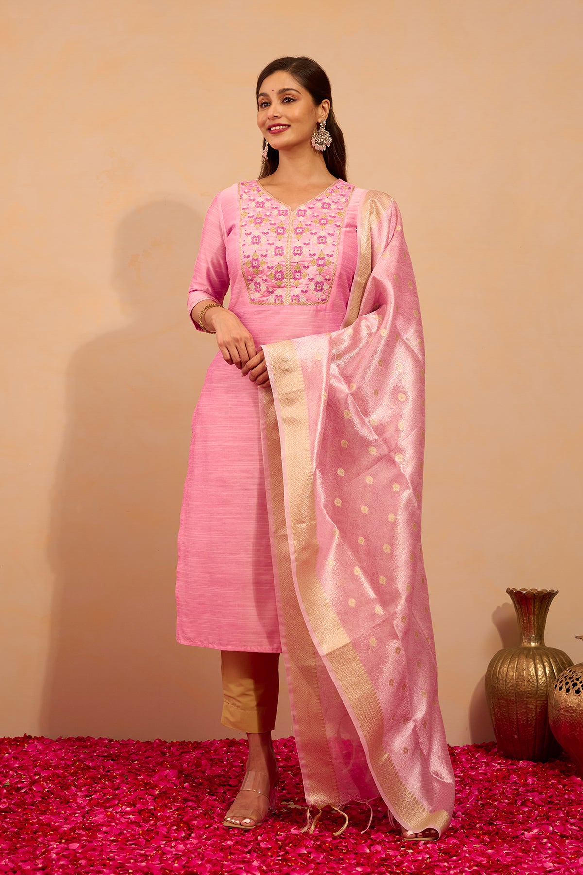 Floral Embroidered Kurtaset with Brocade Dupatta - Light Pink & Green