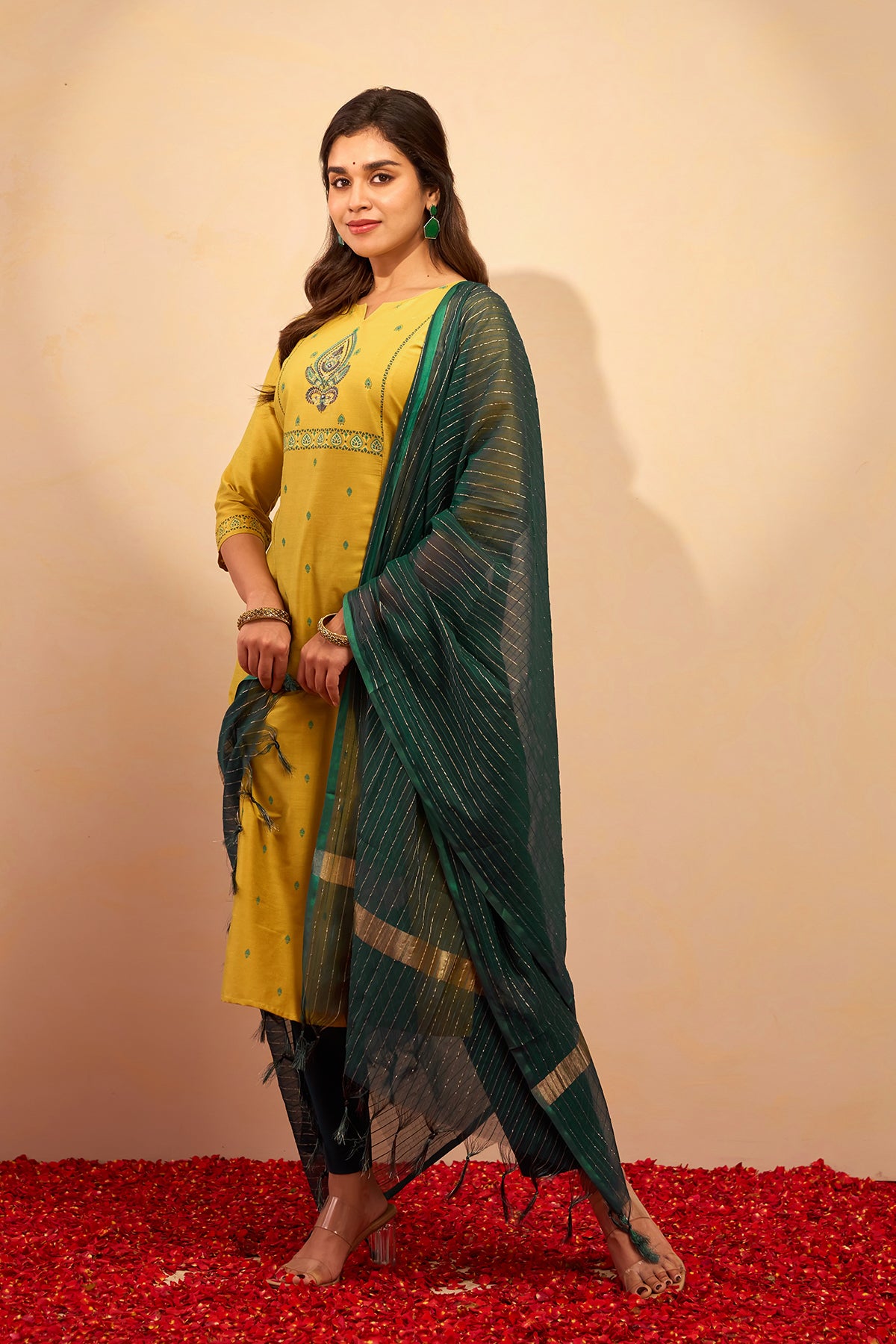 Embroidered Kurtaset with Golden Striped Dupatta - Light Green & Green
