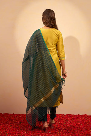 Embroidered Kurtaset with Golden Striped Dupatta - Light Green & Green
