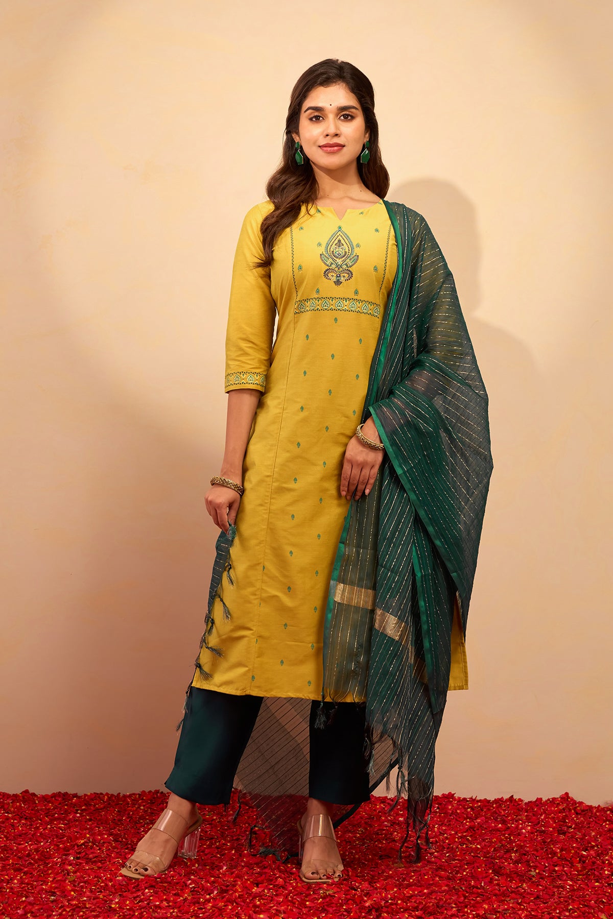 Embroidered Kurtaset with Golden Striped Dupatta - Light Green & Green
