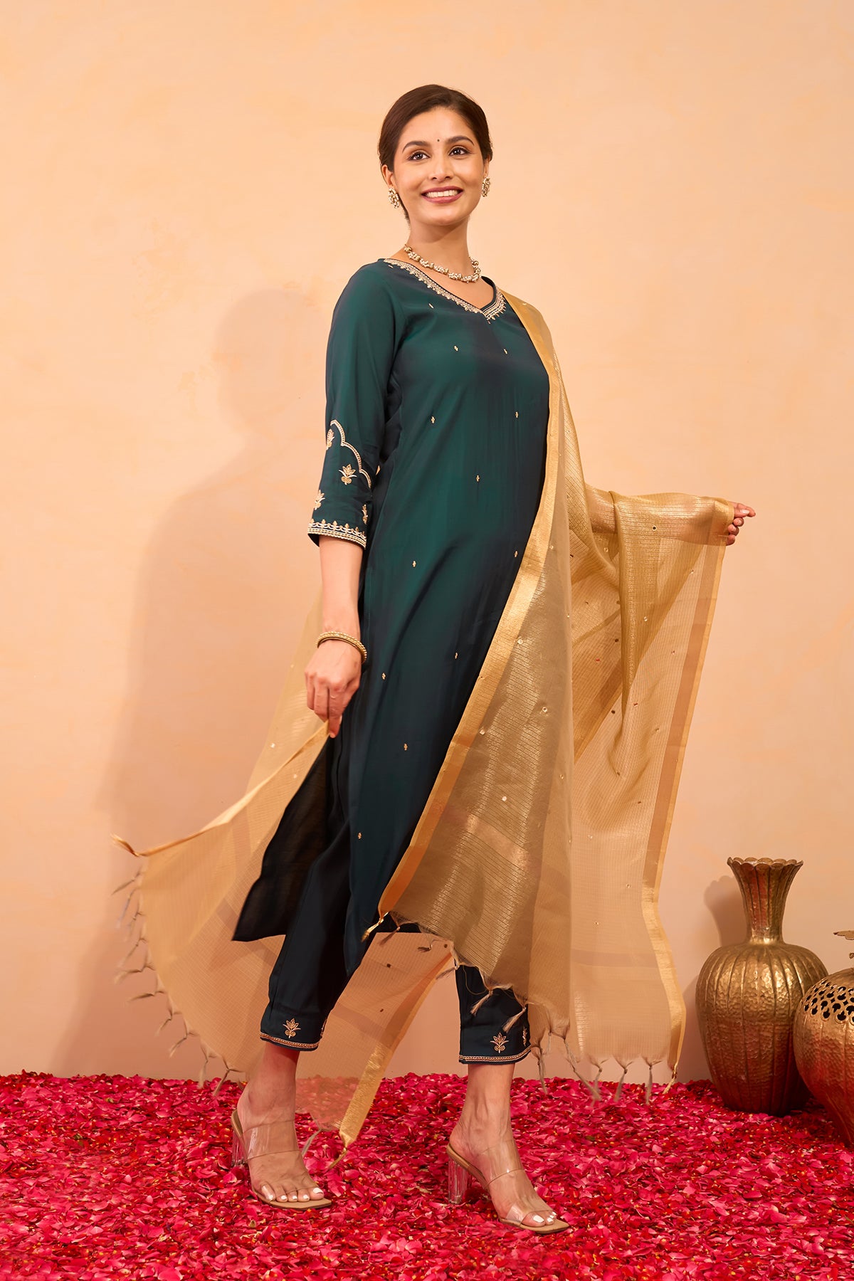 Floral Embroidered Kurtaset with Tissue Dupatta - Teal Green & Gold
