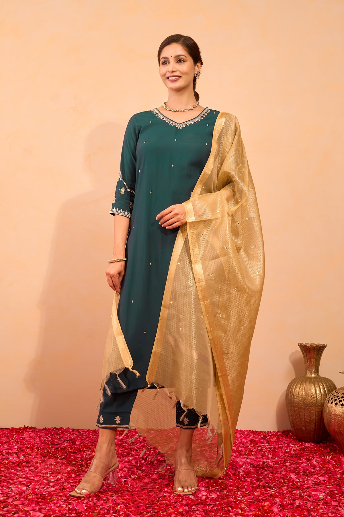 Floral Embroidered Kurtaset with Tissue Dupatta - Teal Green & Gold
