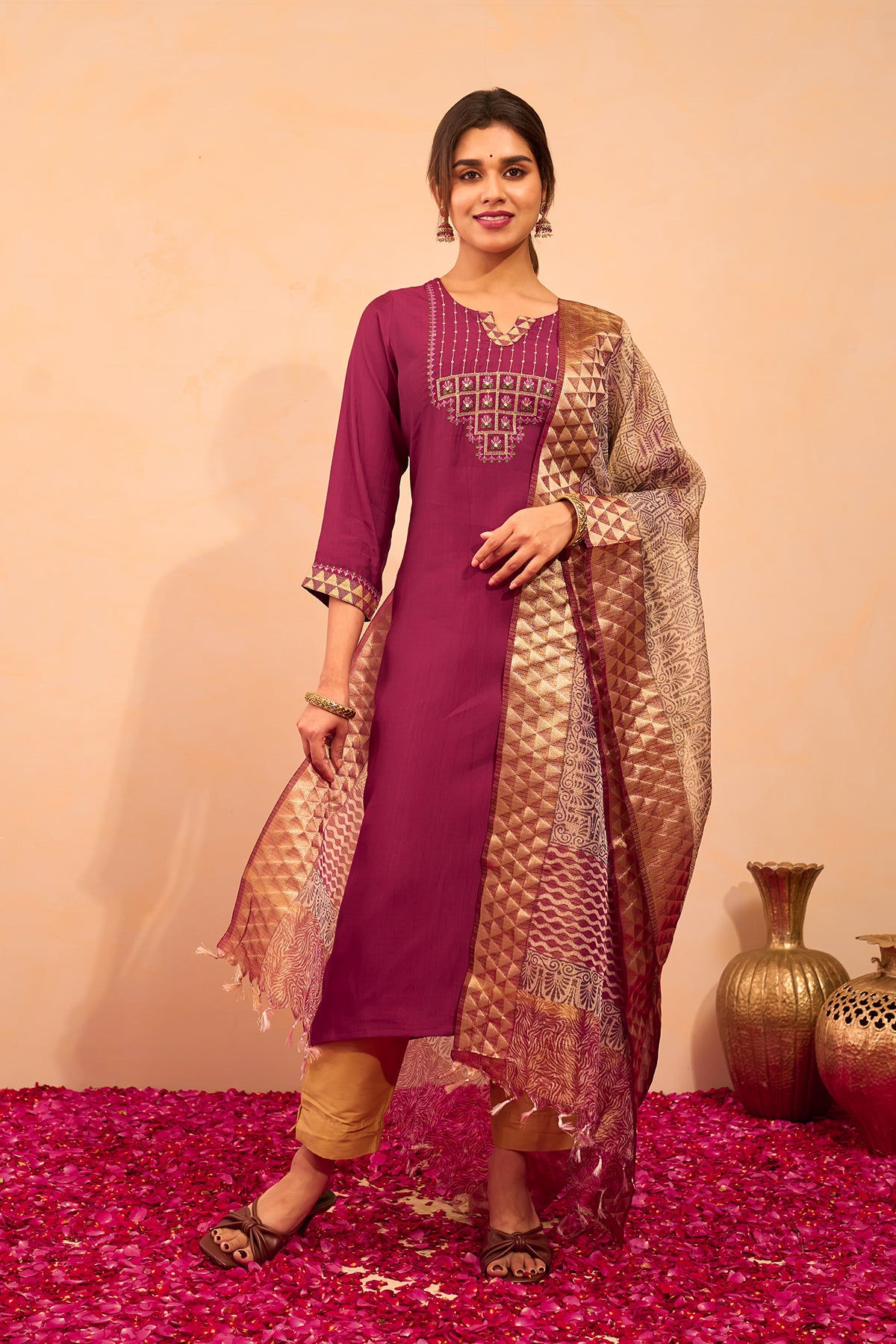 Lotus Embroidered Kurtaset with Dupatta - Wine & Beige
