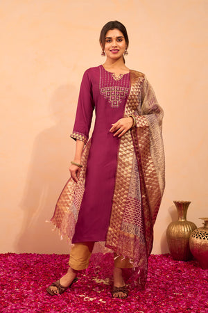 Lotus Embroidered Kurtaset with Dupatta - Wine & Beige
