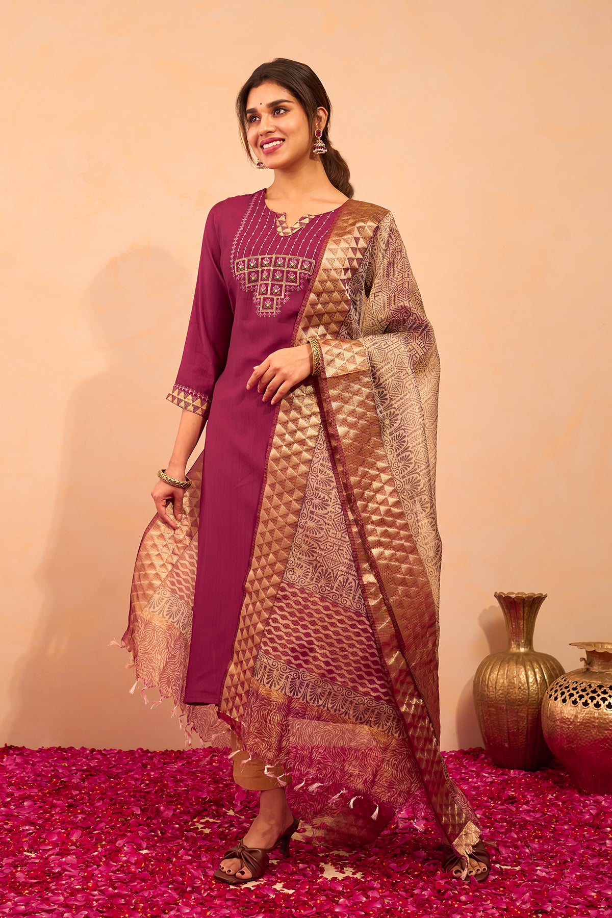 Lotus Embroidered Kurtaset with Dupatta - Wine & Beige
