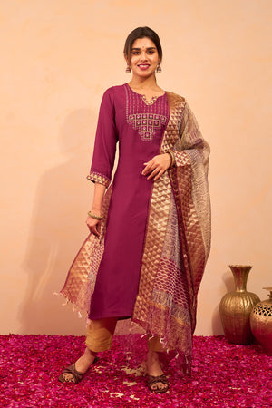 Lotus Embroidered Kurtaset with Dupatta - Wine & Beige
