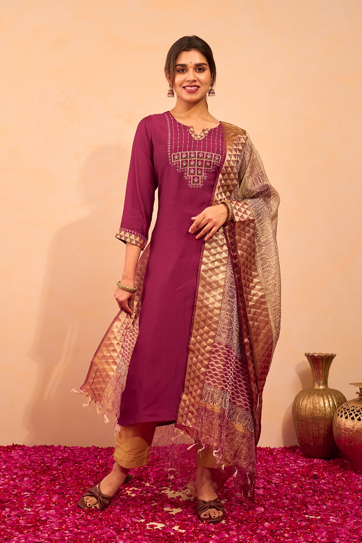 Lotus Embroidered Kurtaset with Dupatta - Wine & Beige