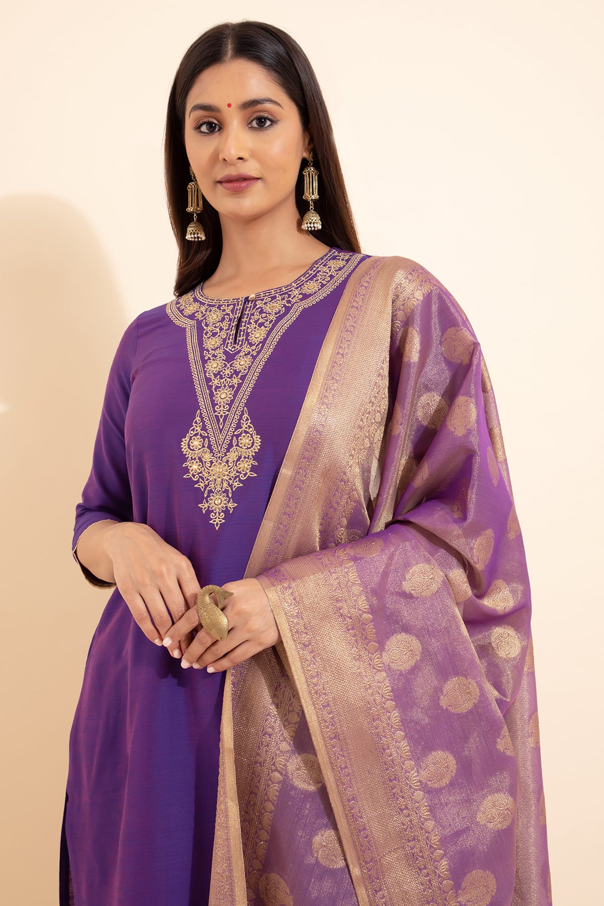 Floral Embroidered Kurta set with Brocade Dupatta - Purple & Gold
