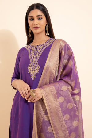 Floral Embroidered Kurta set with Brocade Dupatta - Purple & Gold
