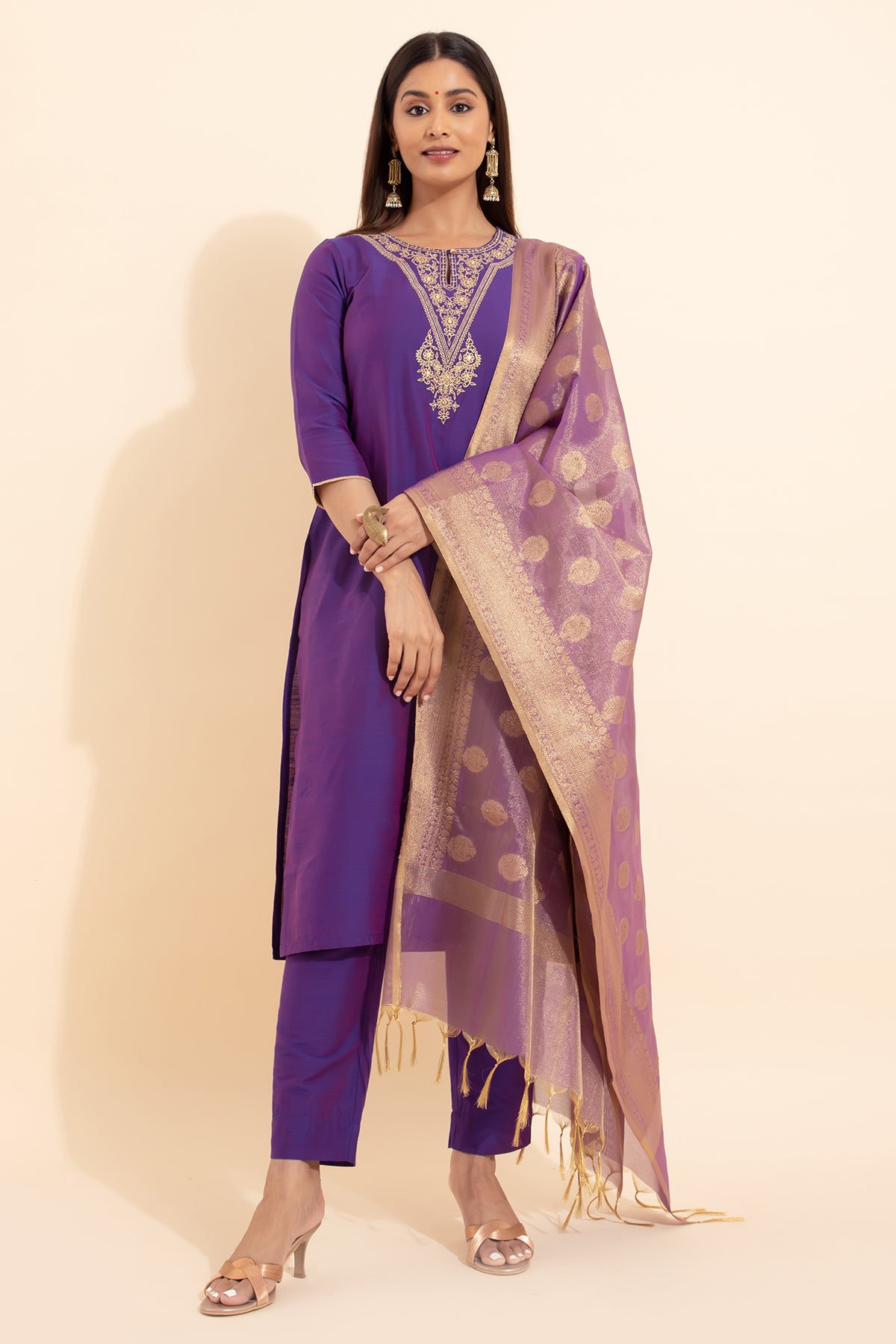 Floral Embroidered Kurta set with Brocade Dupatta - Purple & Gold