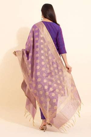 Floral Embroidered Kurta set with Brocade Dupatta - Purple & Gold
