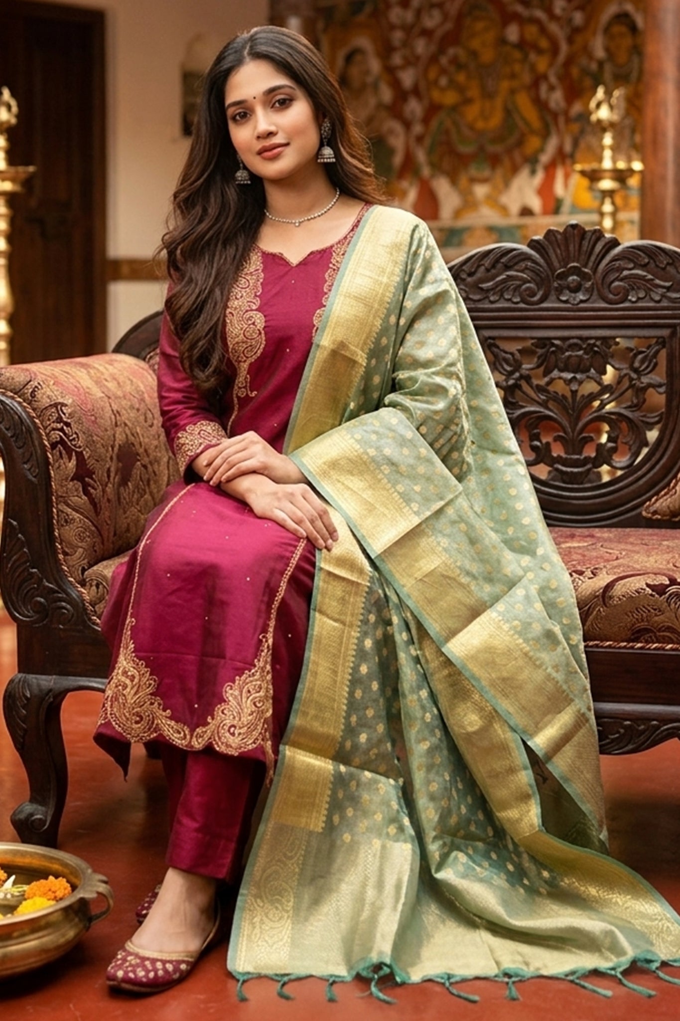 MAROON ART SILK KURTA SET WITH TURQUOISE DUPATTA