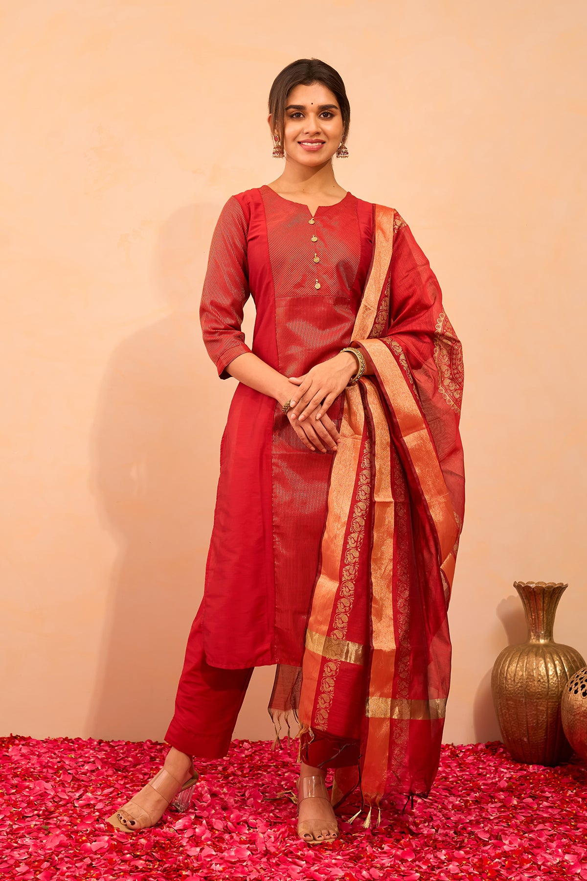 Golden Striped Kurtaset with Printed Dupatta - Red
