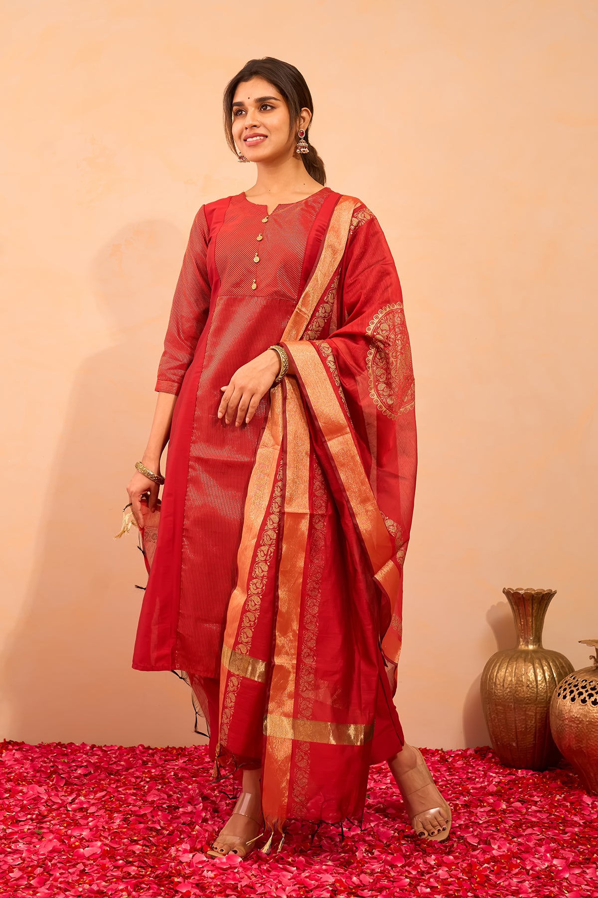 Golden Striped Kurtaset with Printed Dupatta - Red
