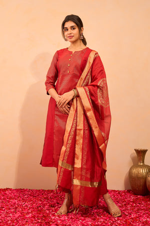 Golden Striped Kurtaset with Printed Dupatta - Red
