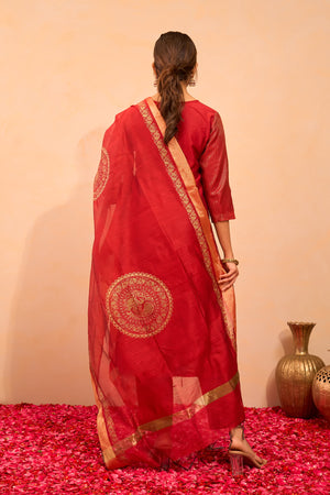 Golden Striped Kurtaset with Printed Dupatta - Red
