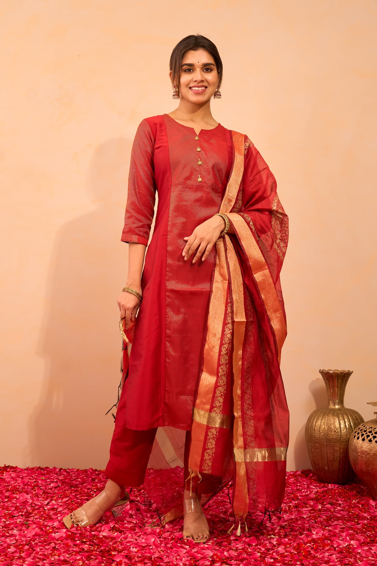 Golden Striped Kurtaset with Printed Dupatta - Red
