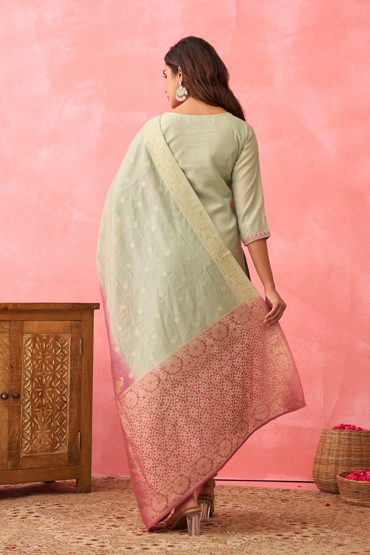 Floral Embroidered Kurtaset with Brocade Dupatta - Light Pink & Green