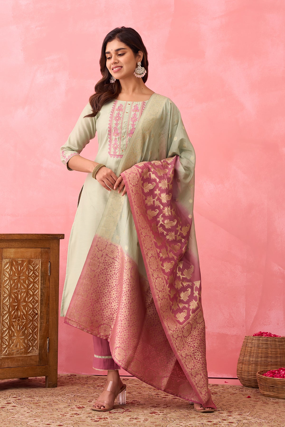 Floral Embroidered Kurtaset with Brocade Dupatta - Light Pink & Green