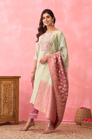 Floral Embroidered Kurtaset with Brocade Dupatta - Light Pink & Green