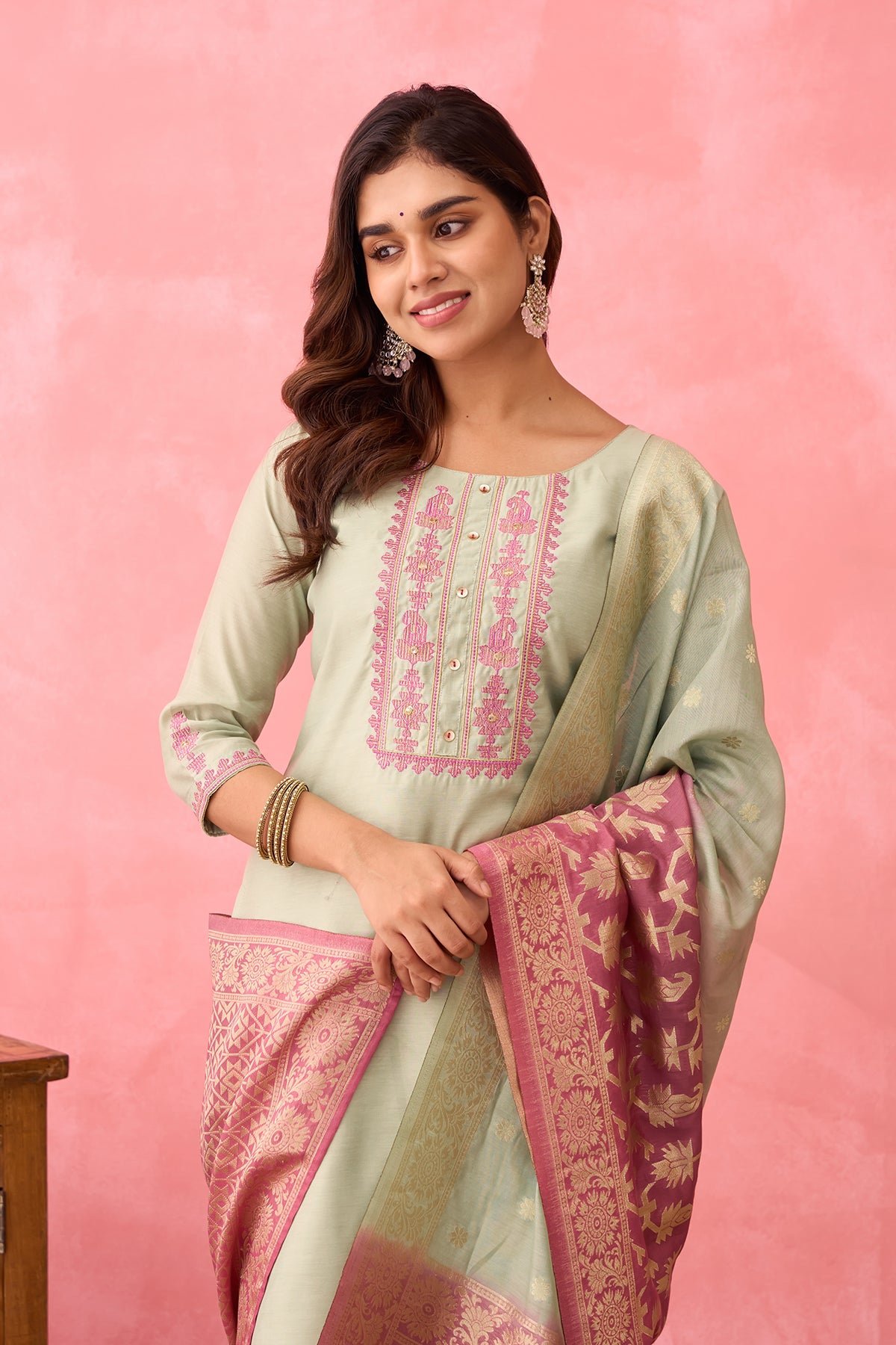 Floral Embroidered Kurtaset with Brocade Dupatta - Light Pink & Green