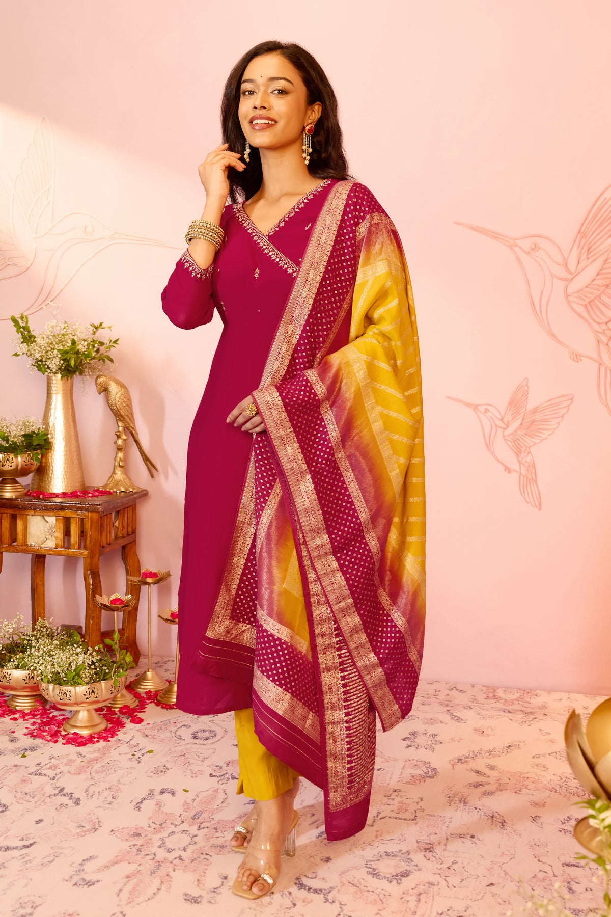Red Embroidered A-line Kurta Set With Brocade Dupatta
