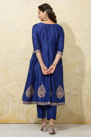 Thilagam Motif Embroidered A-Line Kurtaset with Brocade Dupatta - Blue