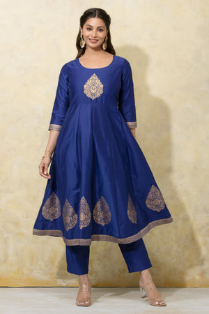 Thilagam Motif Embroidered A-Line Kurtaset with Brocade Dupatta - Blue