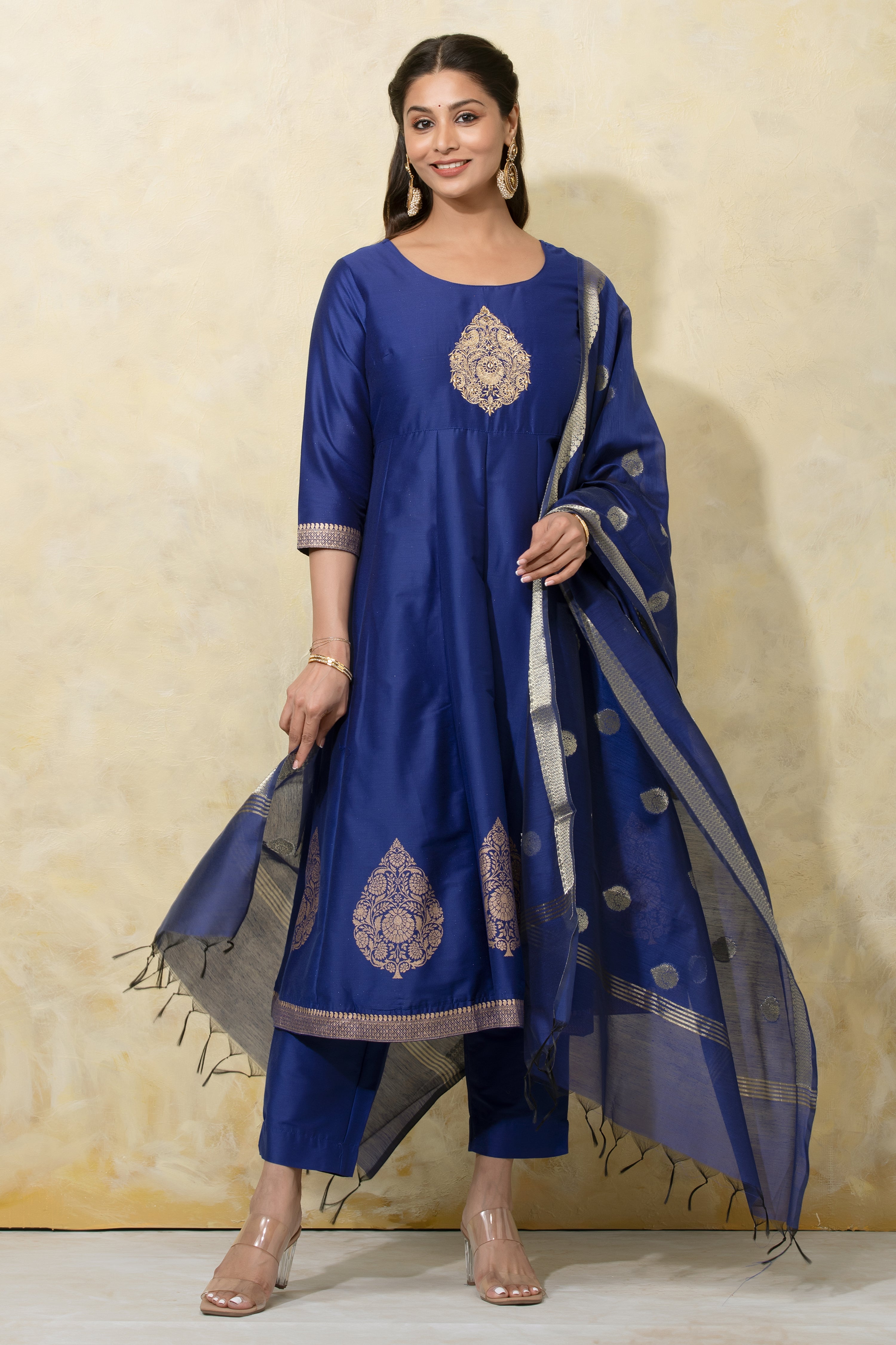 Thilagam Motif Embroidered A-Line Kurtaset with Brocade Dupatta - Blue