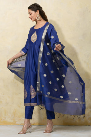 Thilagam Motif Embroidered A-Line Kurtaset with Brocade Dupatta - Blue