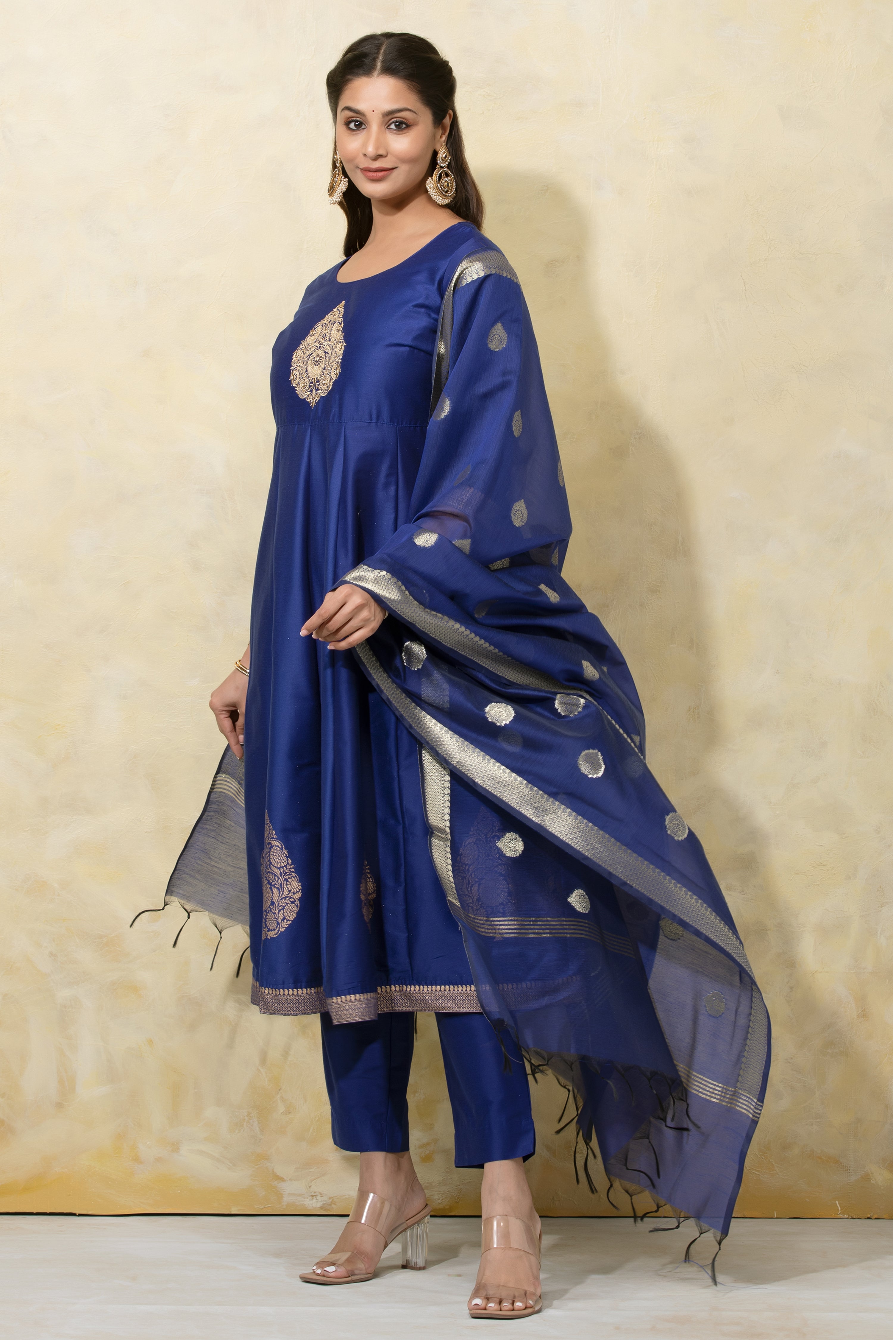 Thilagam Motif Embroidered A-Line Kurtaset with Brocade Dupatta - Blue