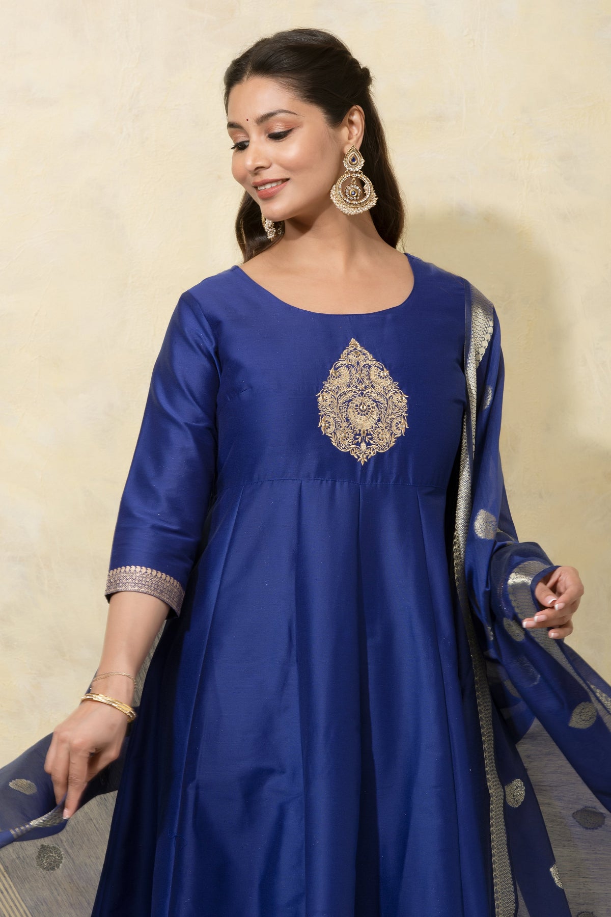 Thilagam Motif Embroidered A-Line Kurtaset with Brocade Dupatta - Blue