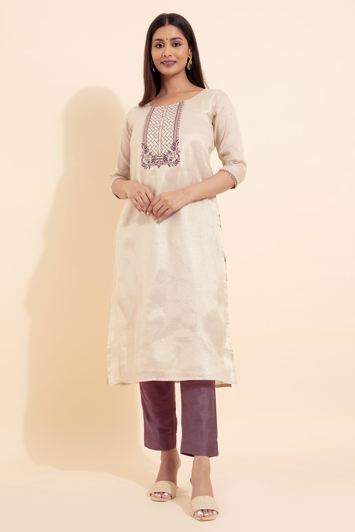 Floral Embroidered Kurtaset with TIssue Duaptta - Beige & Mauve